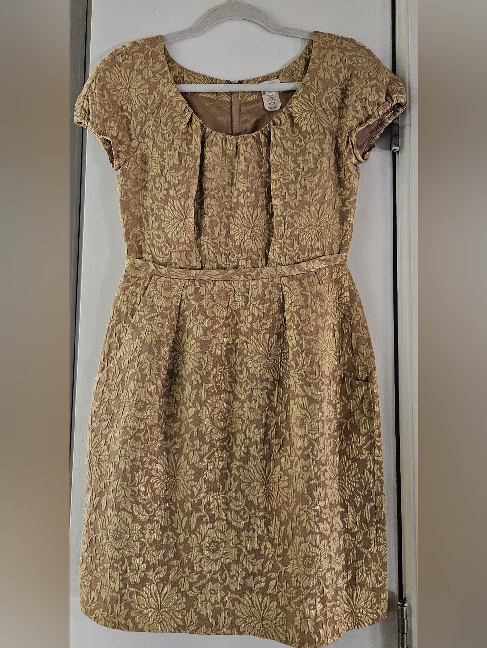 J.Crew 2011 Gold Metallic Silk Brocade Fit & Flare Dress Size 0